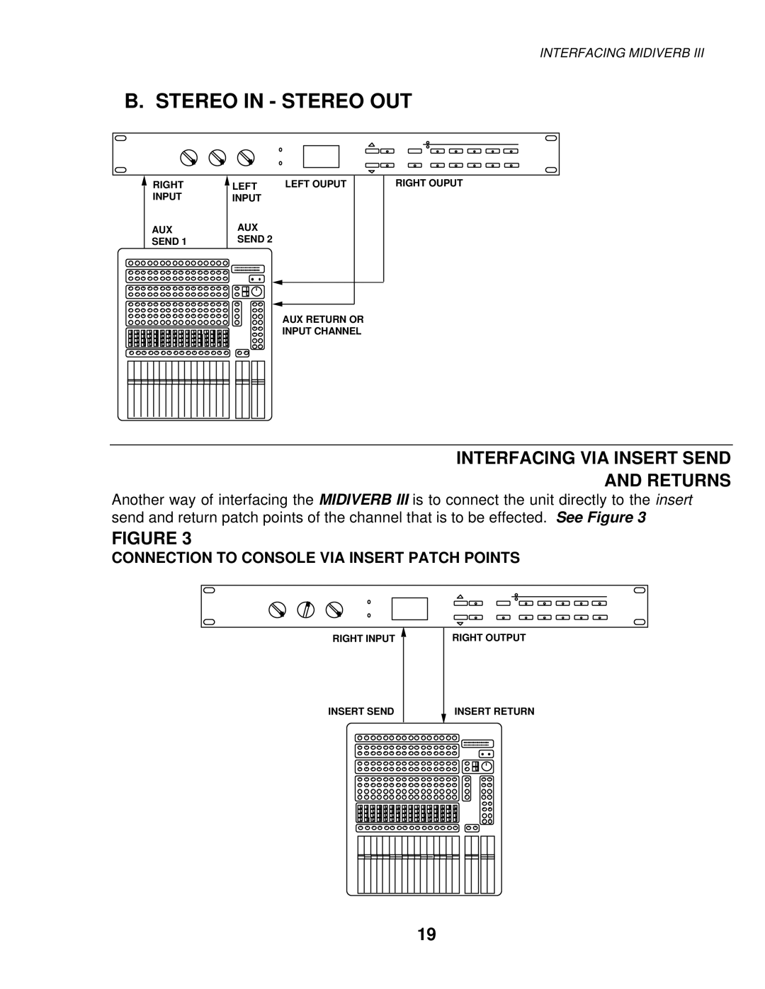 Alesis MIXING CONSOLES manual Interfacing VIA Insert Send Returns, Connection to Console VIA Insert Patch Points 