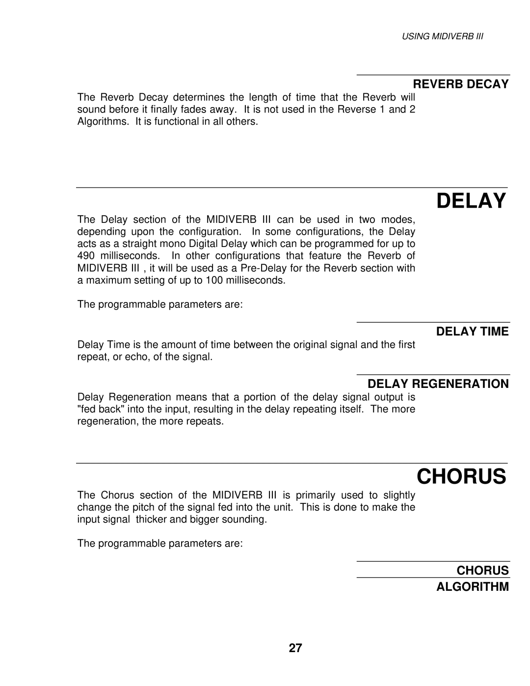 Alesis MIXING CONSOLES manual Delay, Chorus 