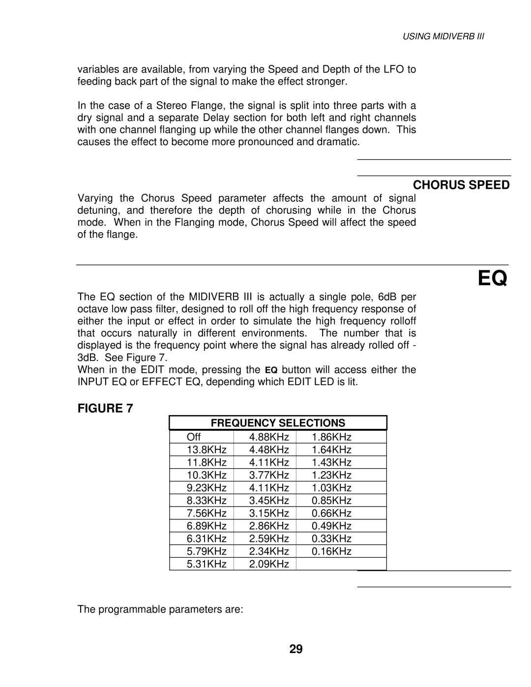 Alesis MIXING CONSOLES manual Chorus Speed, Frequency Selections 