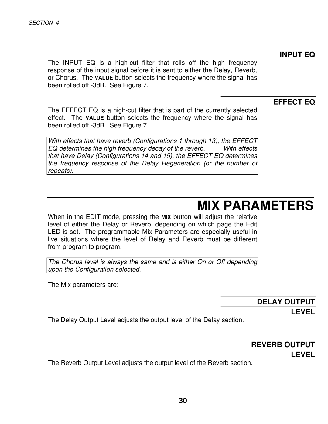 Alesis MIXING CONSOLES manual MIX Parameters, Input EQ, Effect EQ, Delay Output Level, Reverb Output Level 