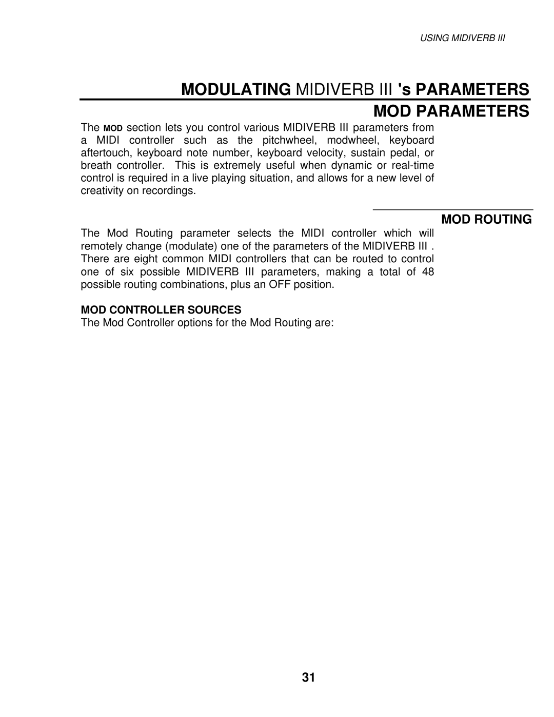 Alesis MIXING CONSOLES manual MOD Parameters, MOD Routing, MOD Controller Sources 