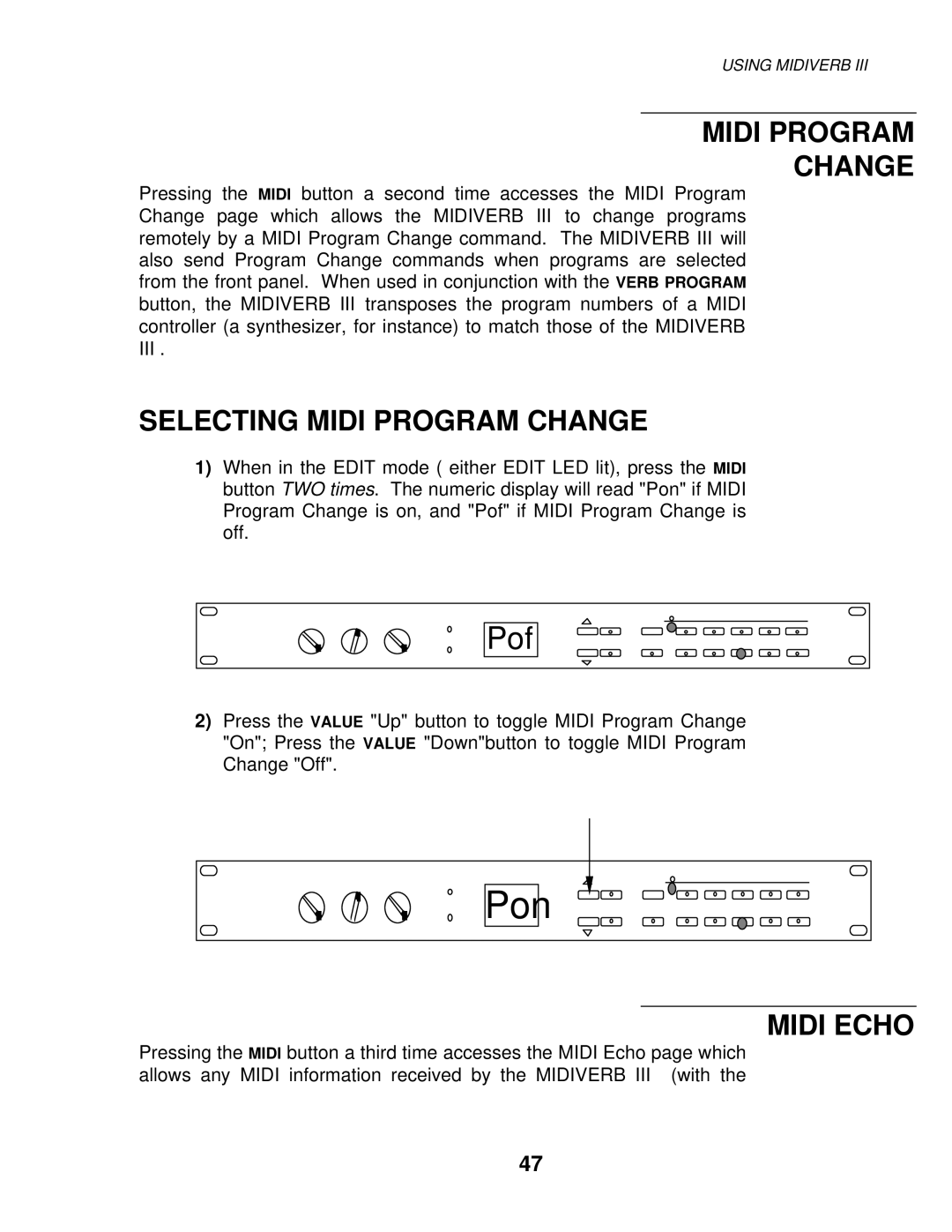 Alesis MIXING CONSOLES manual Selecting Midi Program Change, Midi Echo 