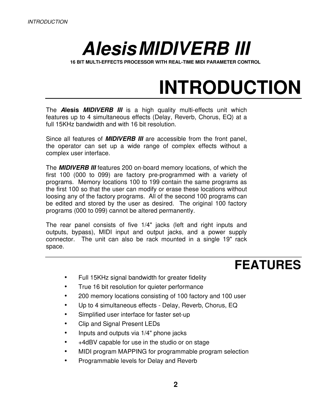 Alesis MIXING CONSOLES manual Alesis Midiverb, Features 