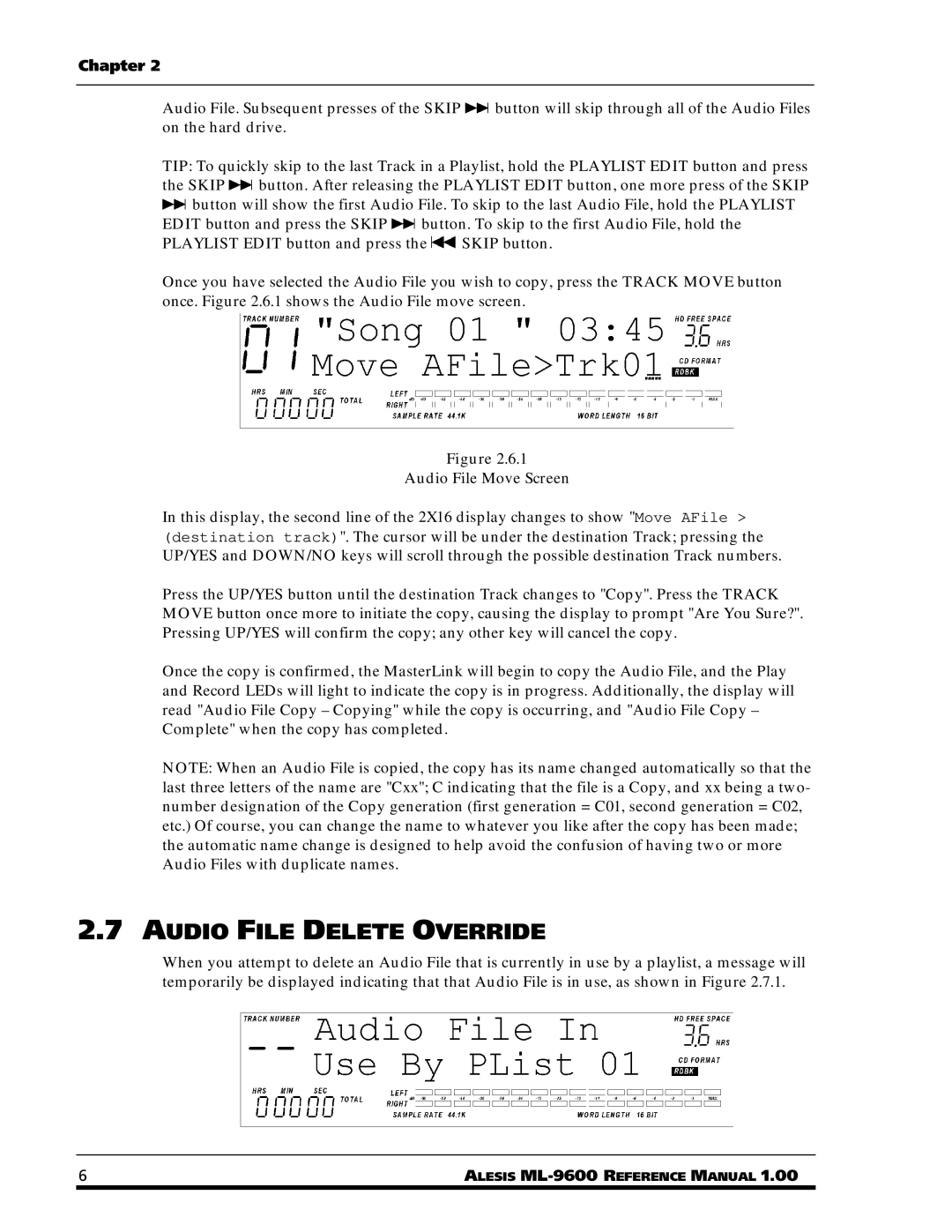 Alesis ML-9600 owner manual Audio File Delete Override 