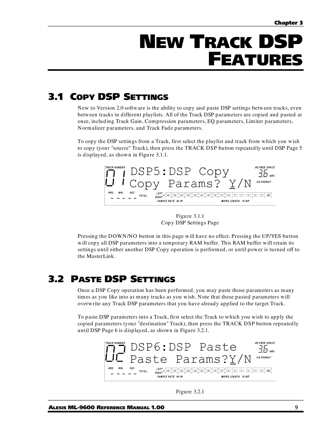 Alesis ML-9600 owner manual NEW Track DSP Features, Copy DSP Settings, Paste DSP Settings 