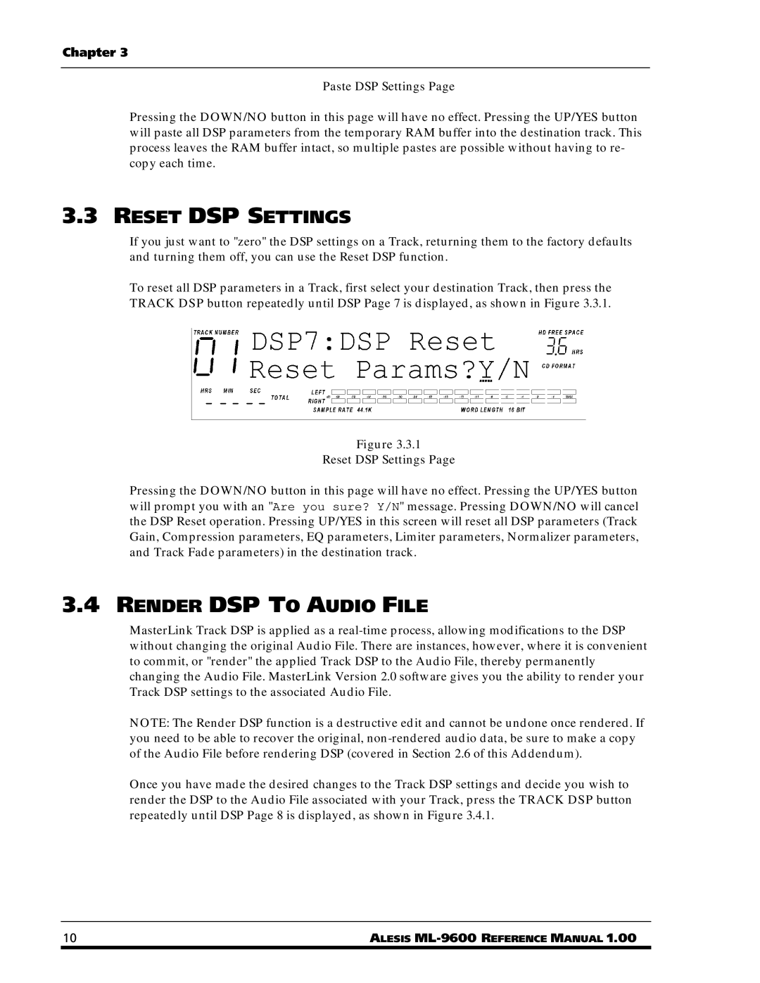 Alesis ML-9600 owner manual Reset DSP Settings, Render DSP to Audio File 