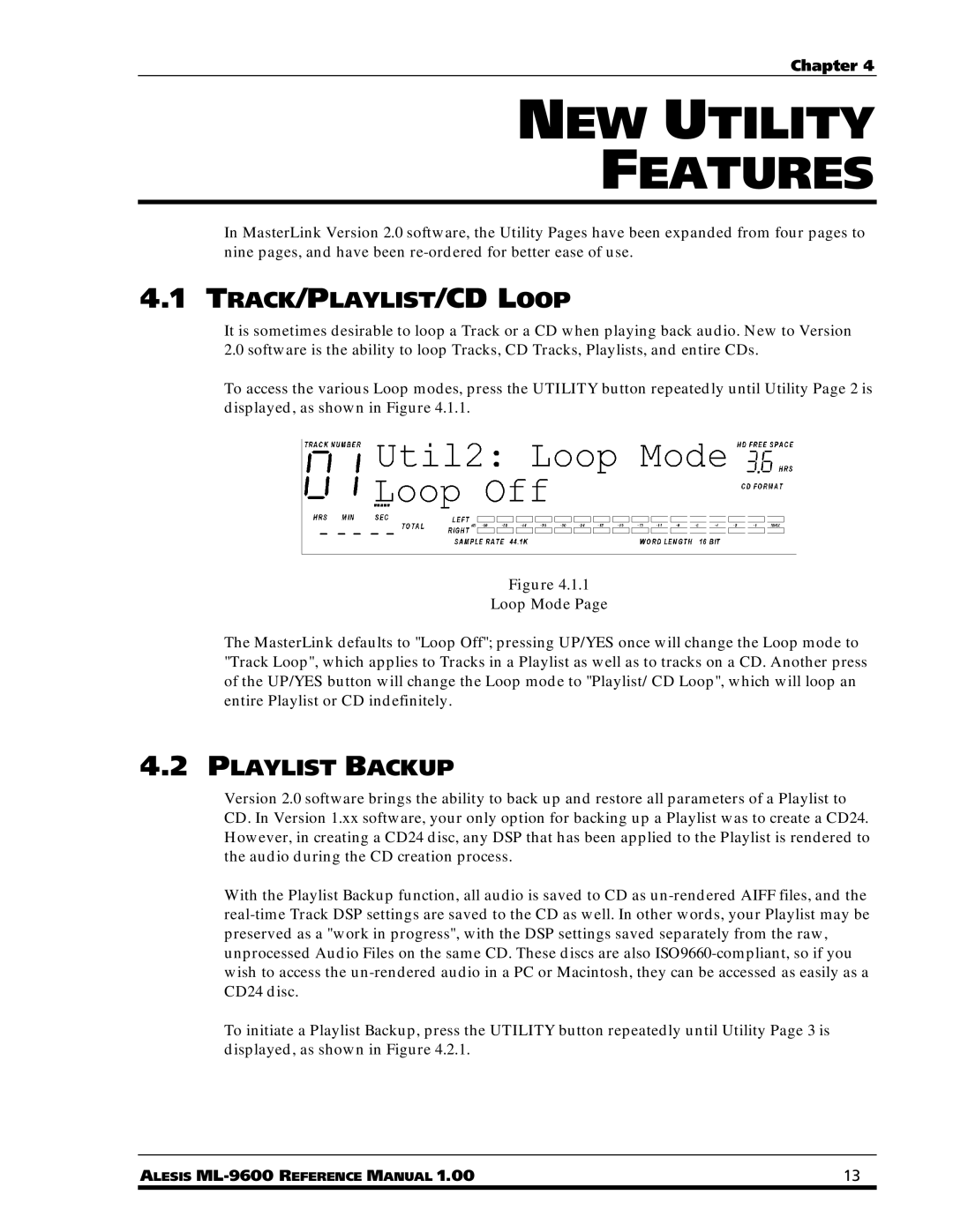 Alesis ML-9600 owner manual NEW Utility Features, TRACK/PLAYLIST/CD Loop, Playlist Backup 