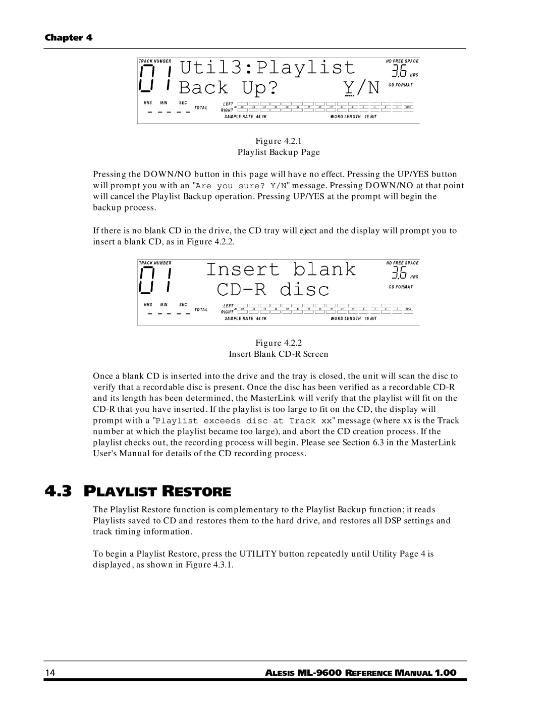 Alesis ML-9600 owner manual Playlist Restore 