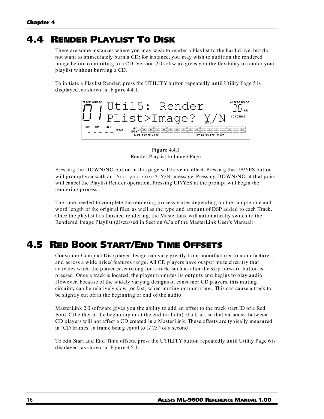 Alesis ML-9600 owner manual Render Playlist to Disk, RED Book START/END Time Offsets 