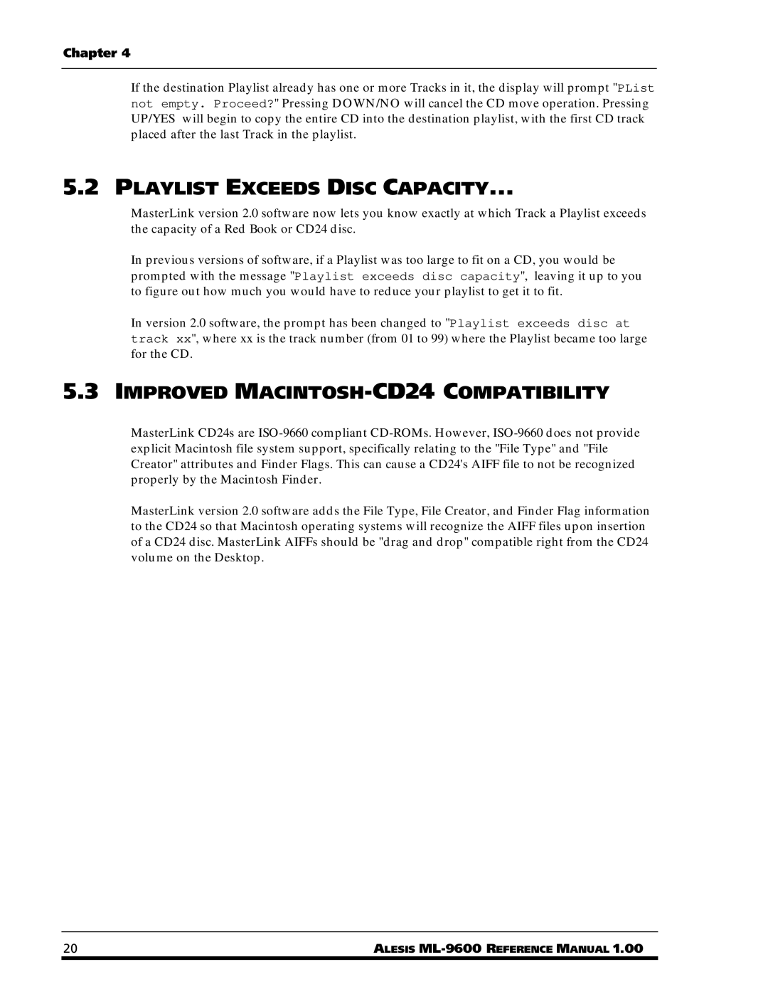 Alesis ML-9600 owner manual Playlist Exceeds Disc Capacity, Improved MACINTOSH-CD24 Compatibility 