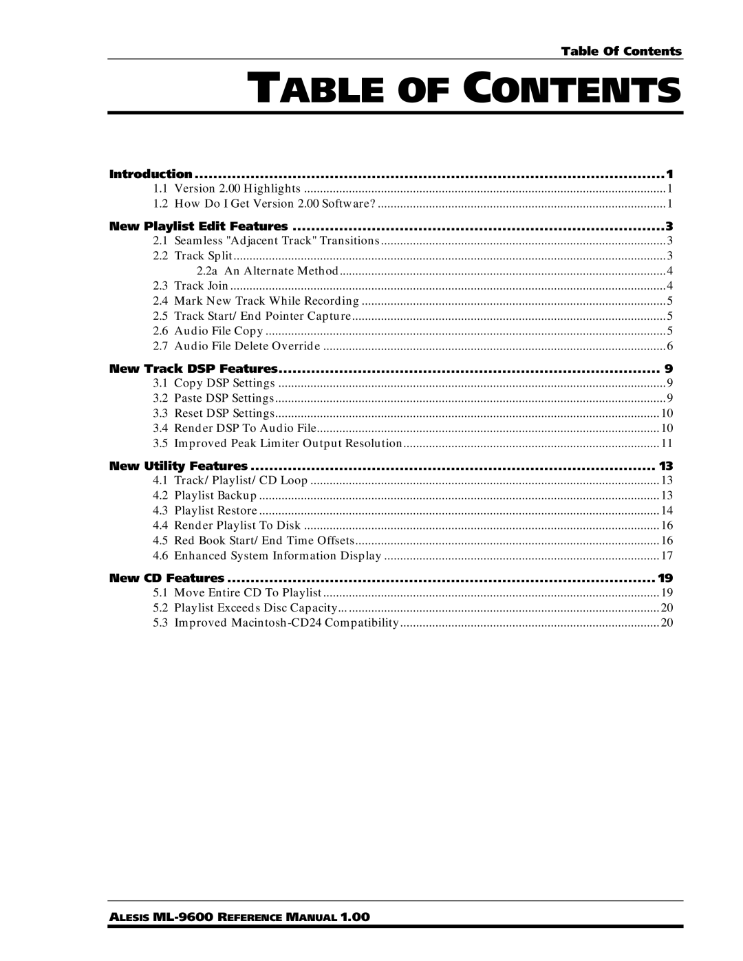 Alesis ML-9600 owner manual Table of Contents 