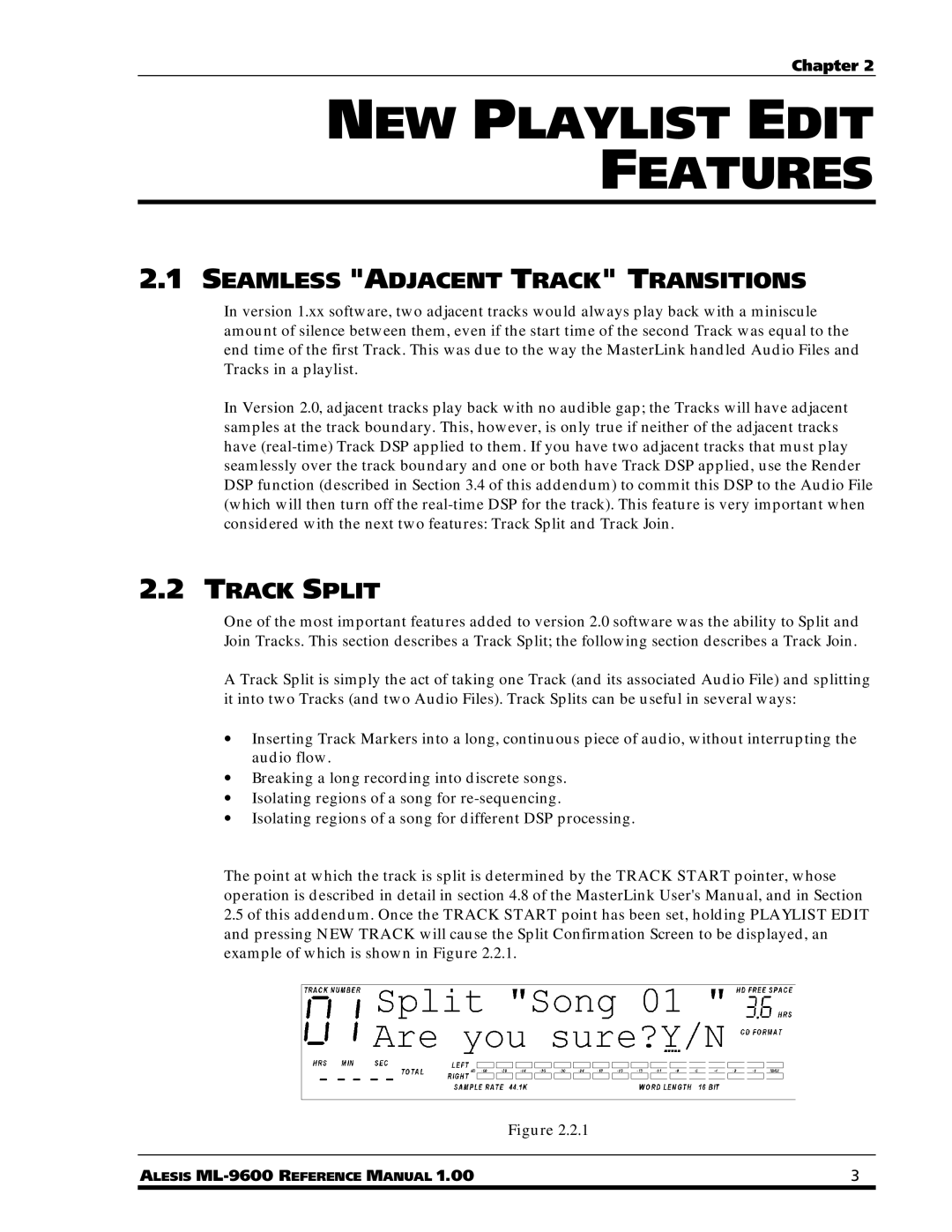 Alesis ML-9600 owner manual NEW Playlist Edit Features, Seamless Adjacent Track Transitions, Track Split 