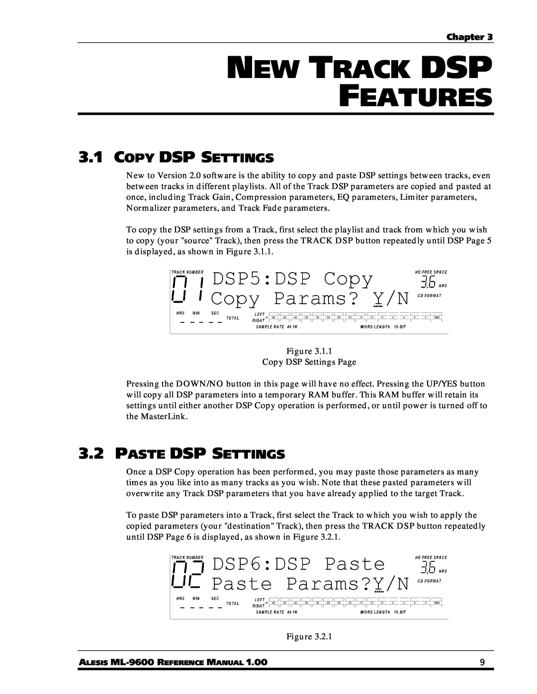 Alesis ML-9600 owner manual New Track Dsp Features, 3.1COPY DSP SETTINGS, 3.2PASTE DSP SETTINGS 
