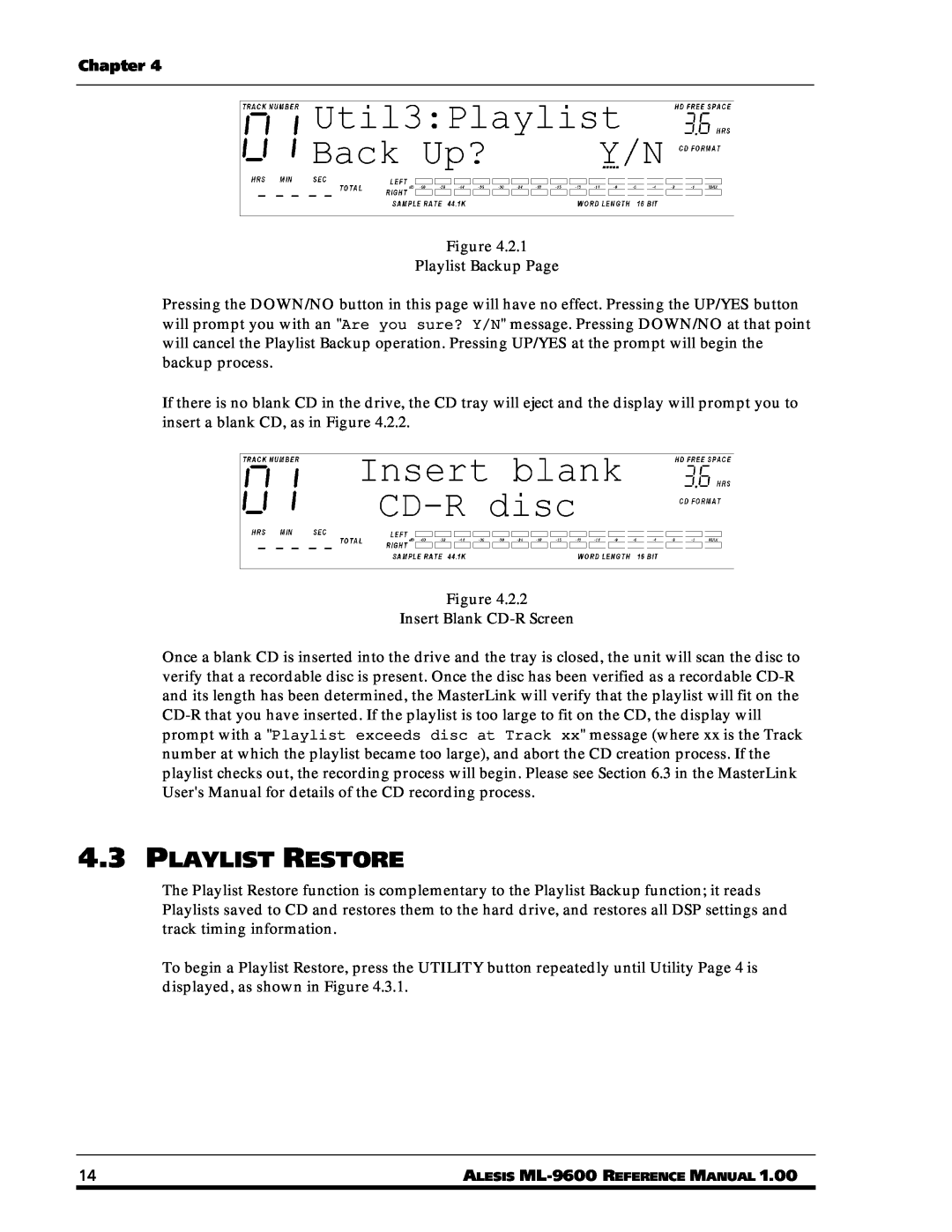 Alesis ML-9600 owner manual 4.3PLAYLIST RESTORE, Chapter 