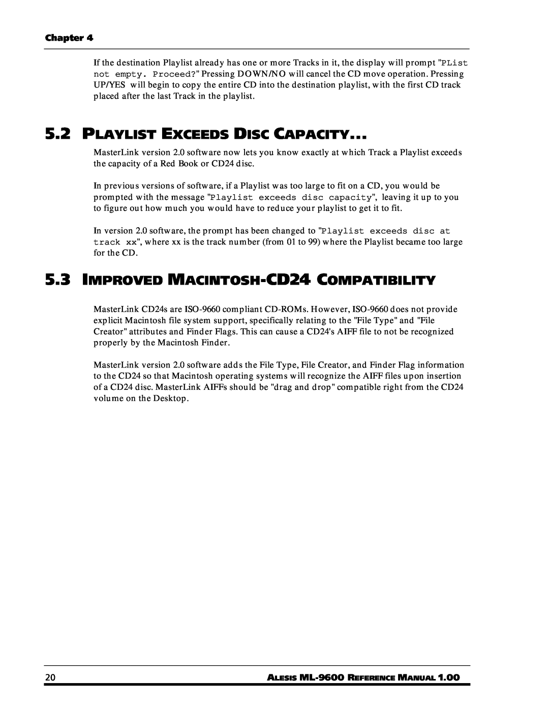 Alesis ML-9600 owner manual 5.2PLAYLIST EXCEEDS DISC CAPACITY, 5.3IMPROVED MACINTOSH-CD24COMPATIBILITY, Chapter 