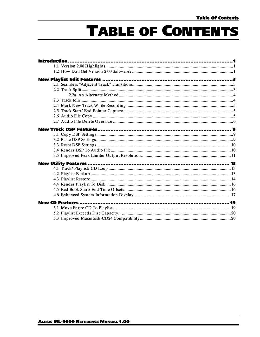 Alesis ML-9600 owner manual Table Of Contents 