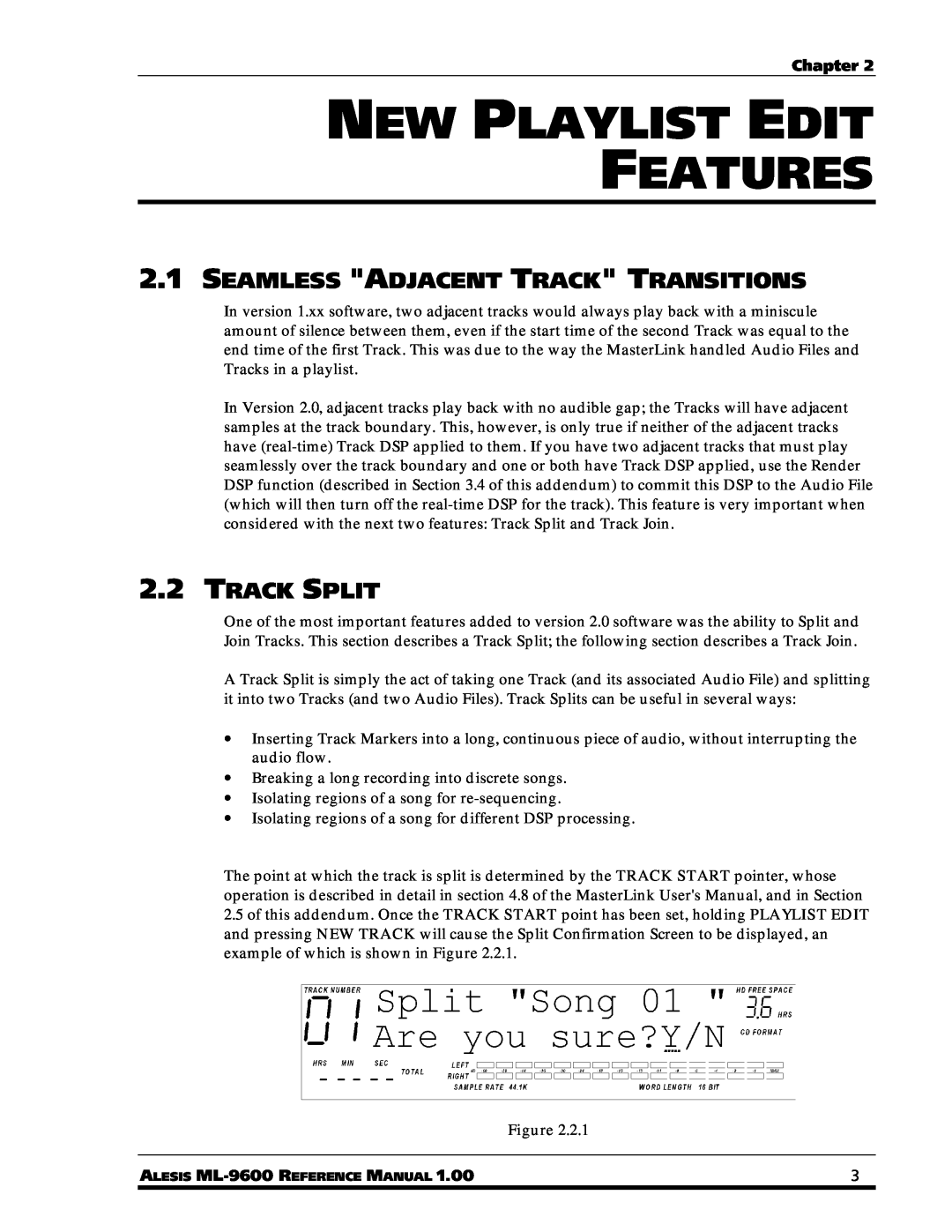 Alesis ML-9600 owner manual New Playlist Edit Features, 2.1SEAMLESS ADJACENT TRACK TRANSITIONS, 2.2TRACK SPLIT 