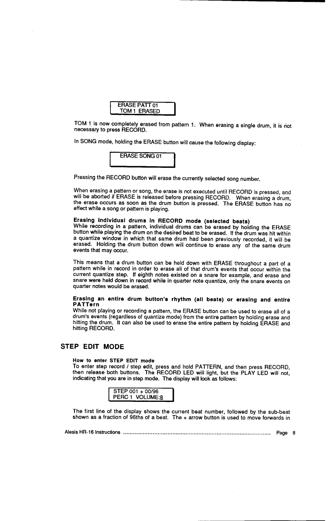 Alesis HR-16:B, MMT-8 instruction manual Step Edit Mode, Perc 1 Volume 