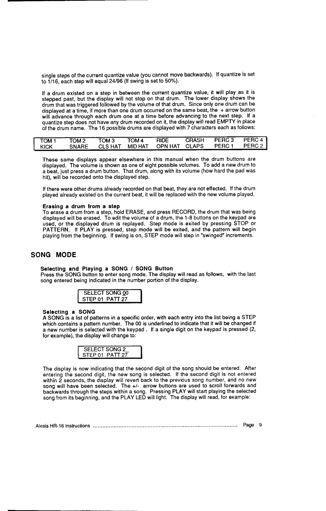 Alesis MMT-8, HR-16:B instruction manual Song Mode, Kick 