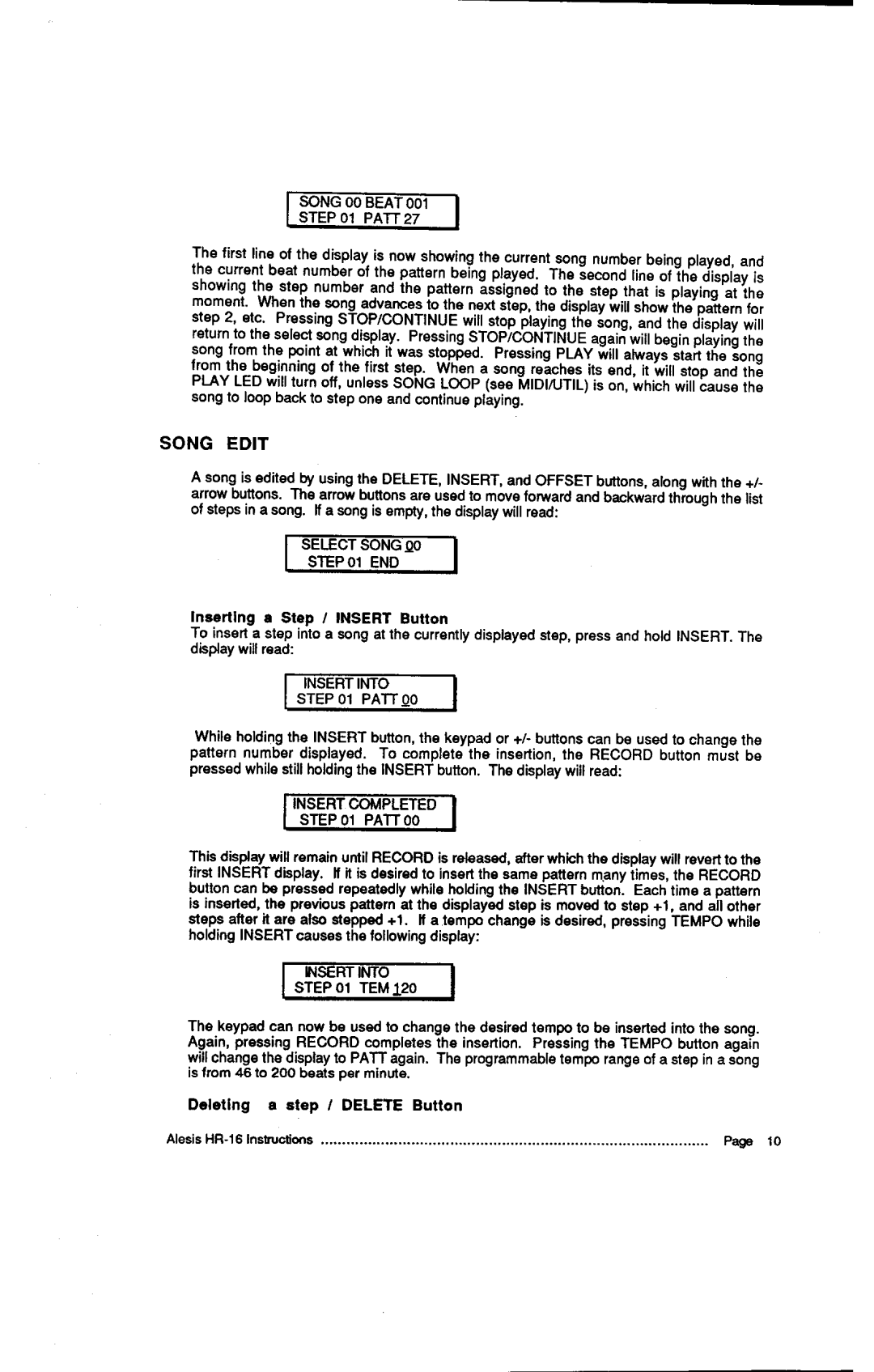 Alesis MMT-8, HR-16:B instruction manual Song Edit, Patt, STEPO1TEM 