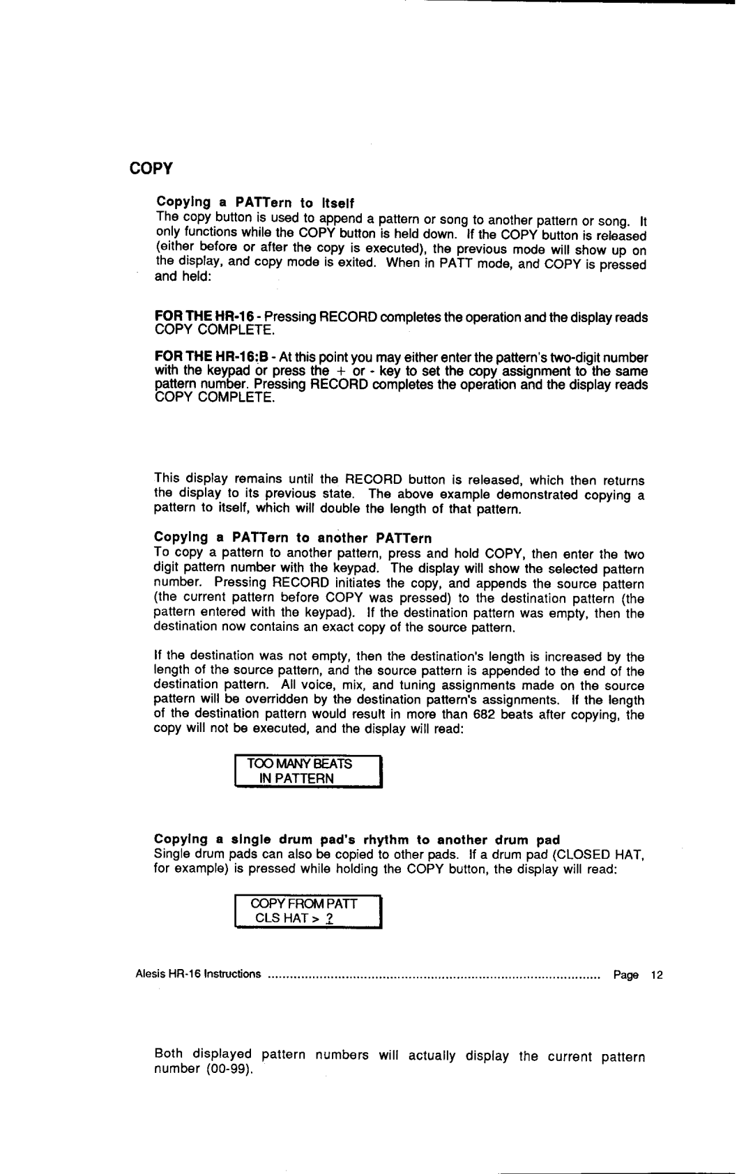 Alesis MMT-8, HR-16:B instruction manual Copy Complete, Inpattern, Frompatt CLS HAT ? 