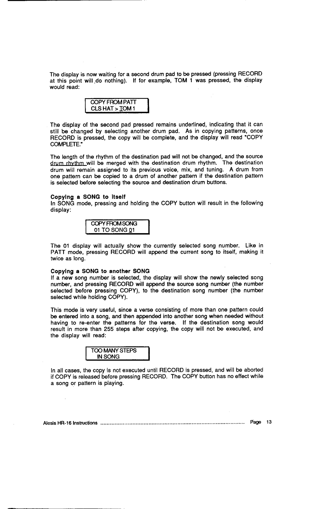 Alesis MMT-8, HR-16:B instruction manual Copyfrompatt Clshat IOM, Complete, COPYFROI\,ISONG 01TO Song, Toomanysteps 