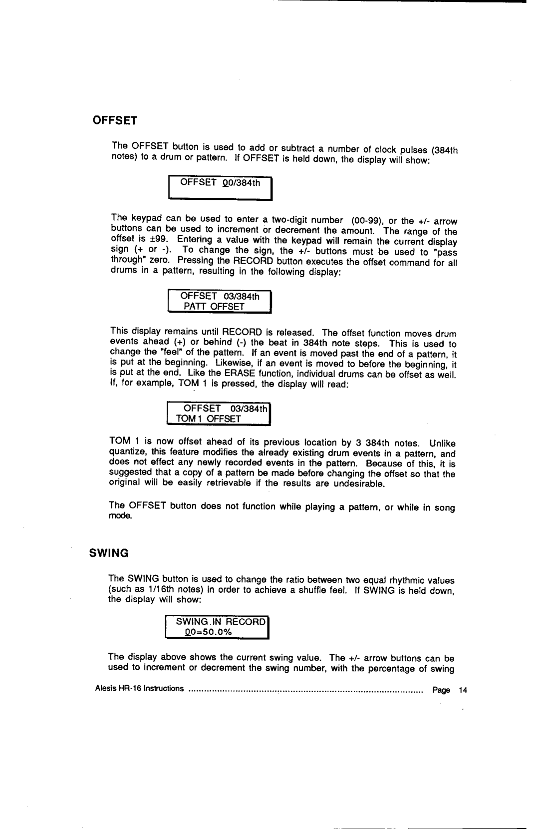 Alesis HR-16:B, MMT-8 instruction manual Offset, O0/384rh, Tom, I N G 