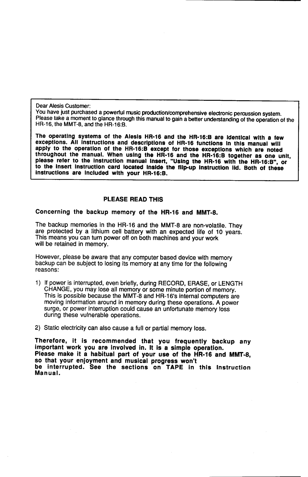 Alesis HR-16:B instruction manual Pleasereadthis, Concerningthe backupmemoryof the HR-16and MMT-8 