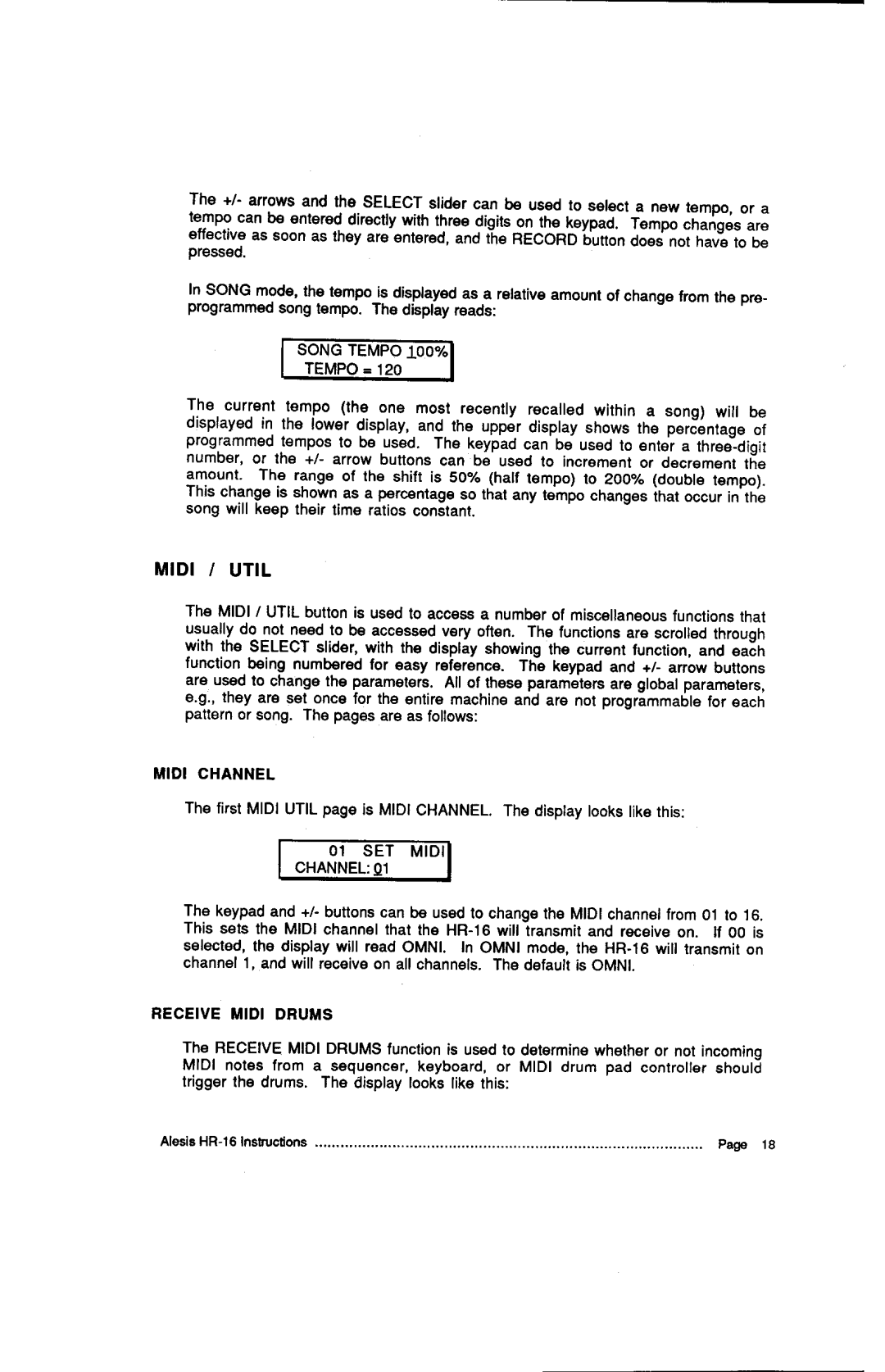 Alesis MMT-8, HR-16:B instruction manual Midi / Util, Midi Channel, CHANNEL01, Receivemidi Drums 