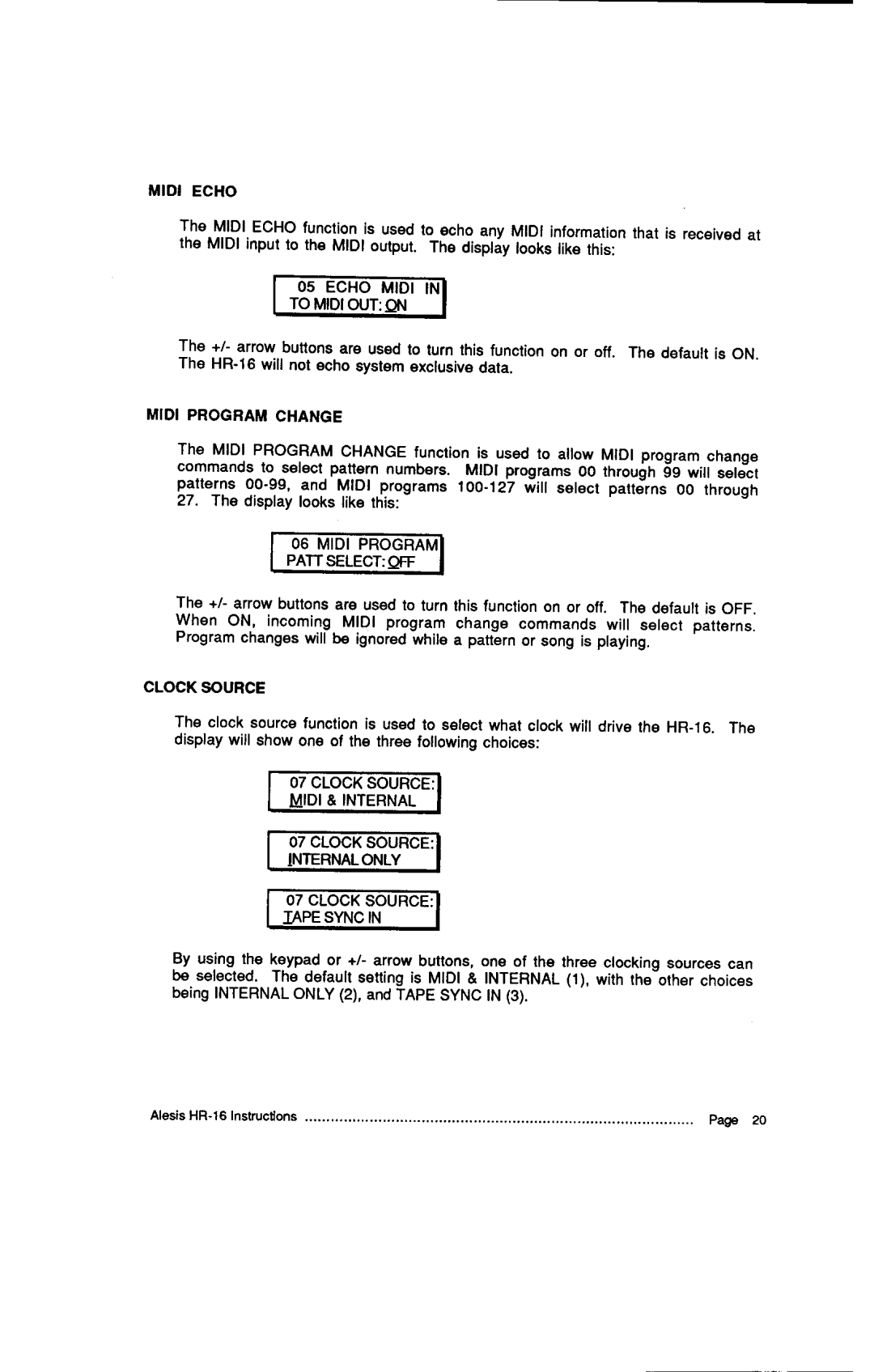 Alesis MMT-8, HR-16:B instruction manual Tomidiotjt, Midi Echo, Midi Programchange, Clocksource, Internal Only Syncin 
