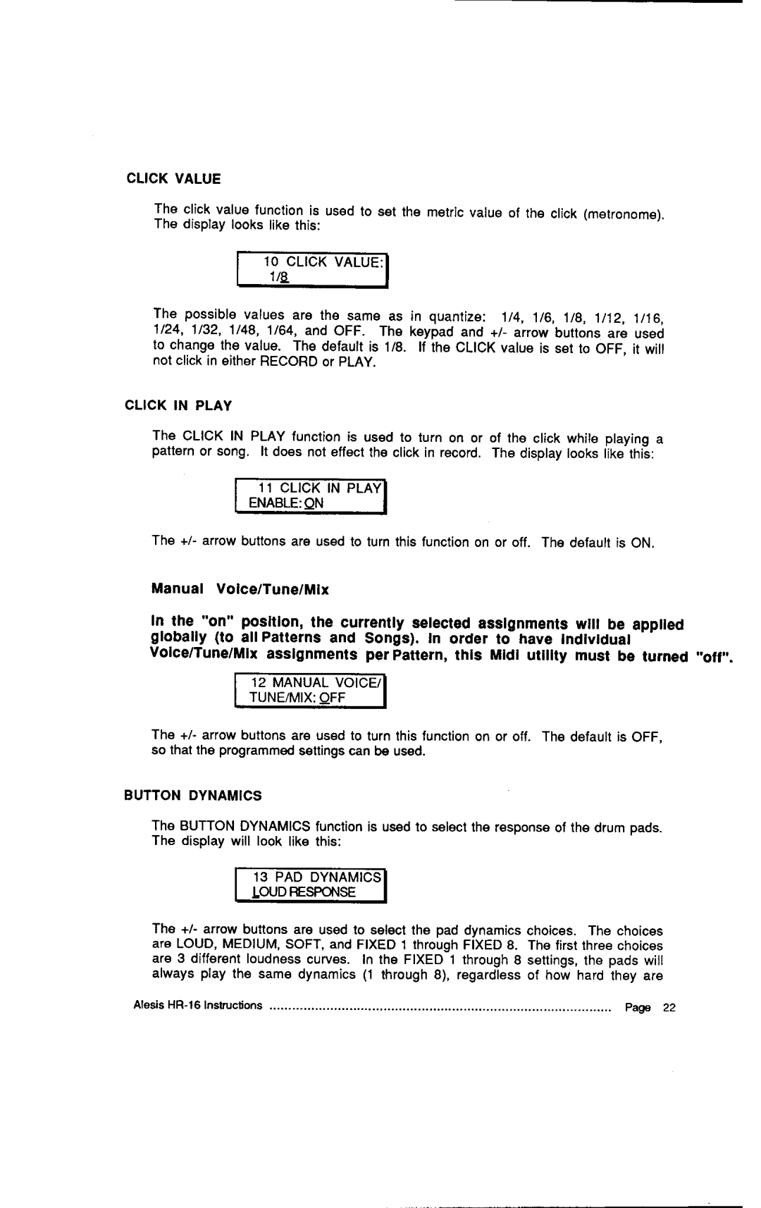 Alesis HR-16:B, MMT-8 instruction manual Click Value, Click in Play, Enable, Manual TUNE/MIX, Button Dynamics, PAD Response 