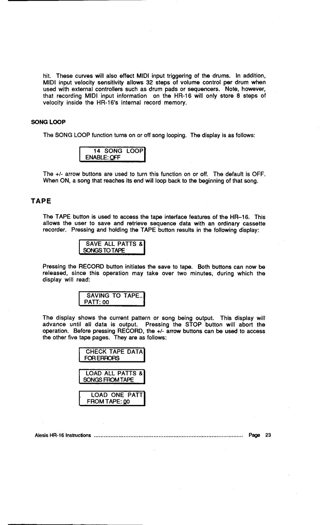 Alesis MMT-8, HR-16:B instruction manual P E, Songloop, Ei.Iable, PATT00, Load ALL Patts Fromtape 
