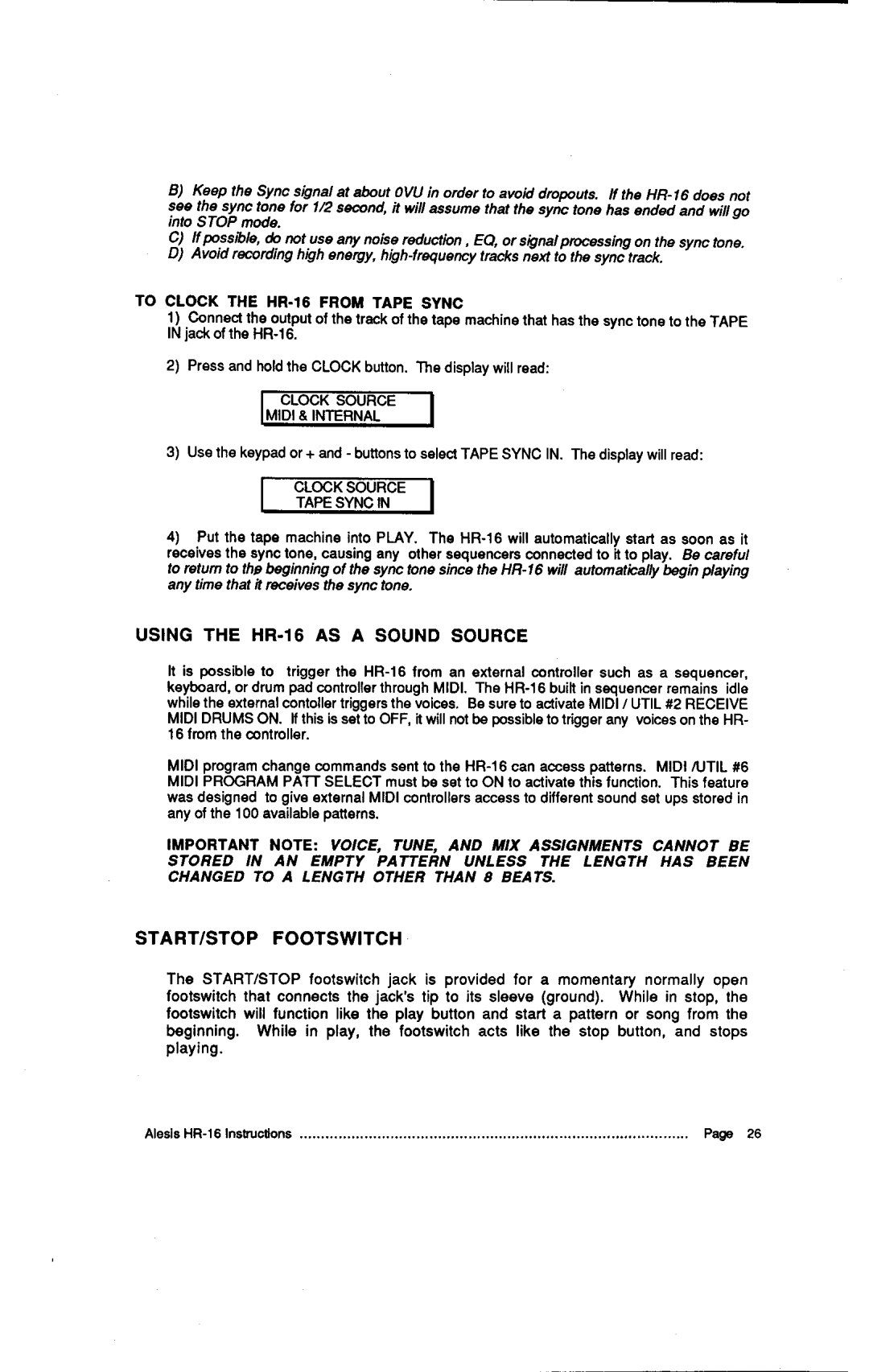 Alesis MMT-8, HR-16:B Start/Stopfootswitch, To Clock the HR.16 Froii Tape Sync, Using the HR AS a Sound Source 