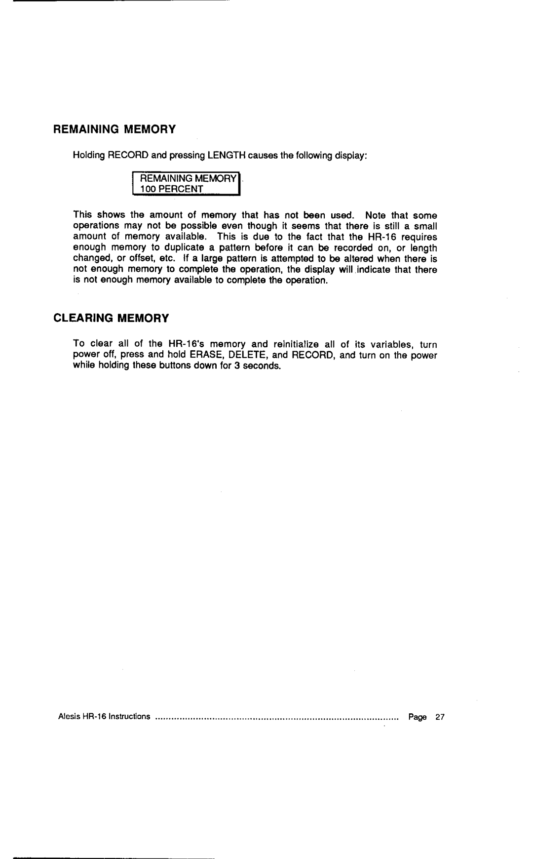 Alesis MMT-8, HR-16:B Remainingmemory, HoldingRECORDandpressingLENGTHcausesthefollowingdisplay, Clearing Memory 