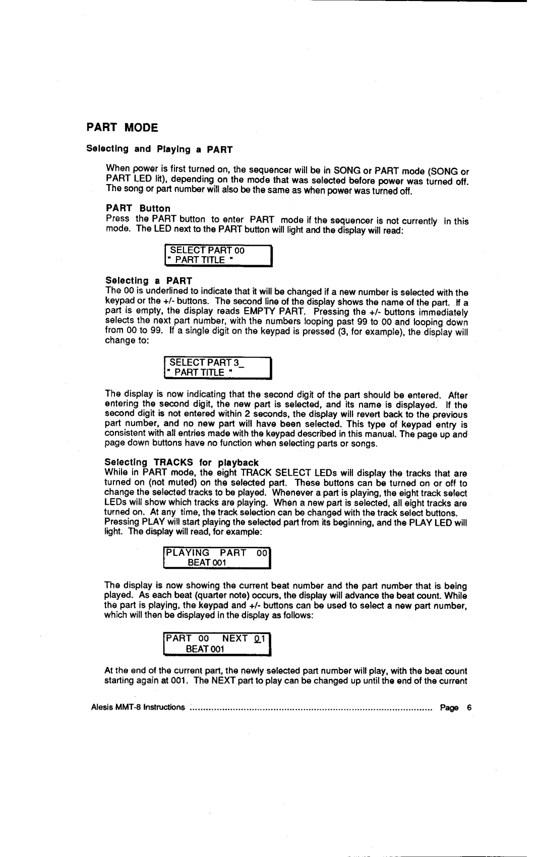 Alesis MMT-8, HR-16:B instruction manual Part Mode 