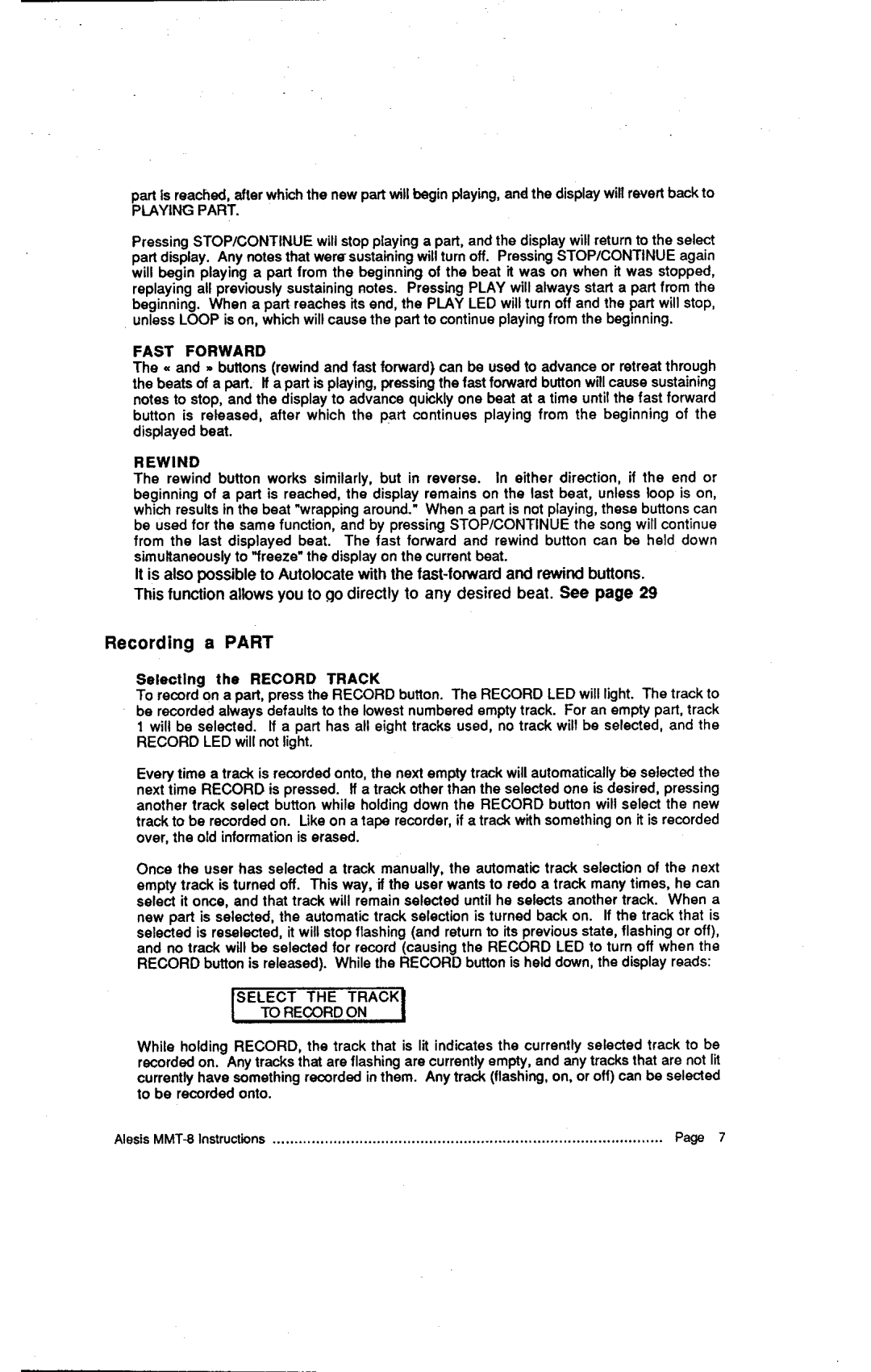 Alesis HR-16:B, MMT-8 instruction manual Playingpart, Fast Forward, Fewind 