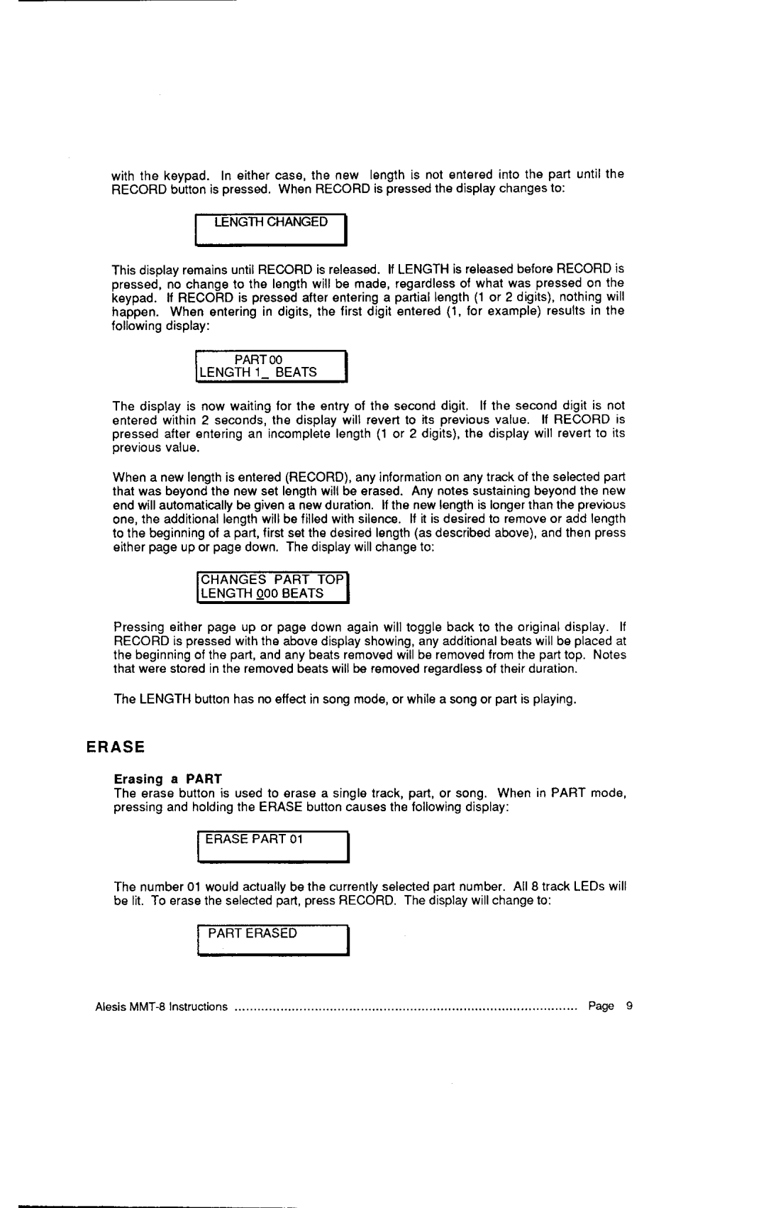 Alesis MMT-8, HR-16:B instruction manual A S E, Erasinga Part, Partoo LENGTH1 Beats, Lengthooobeats 