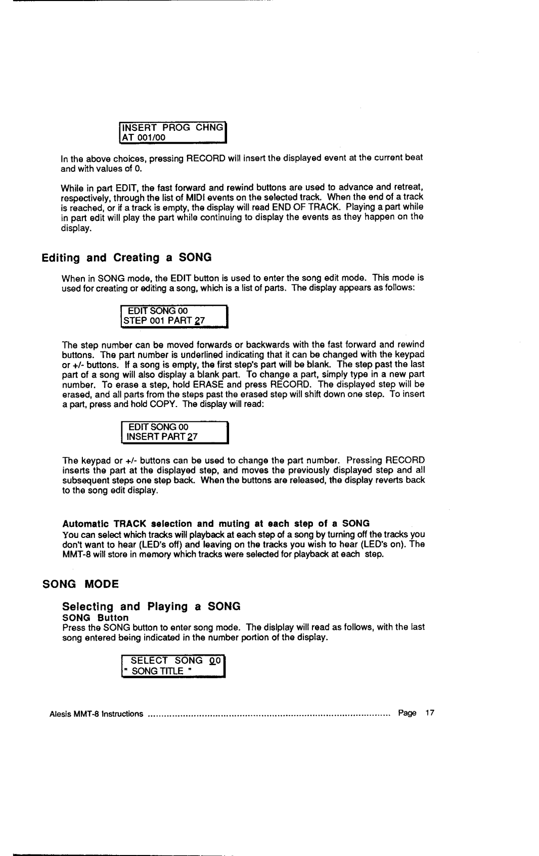 Alesis MMT-8, HR-16:B instruction manual STEPOO1PART, Insertpart, Song Mode 