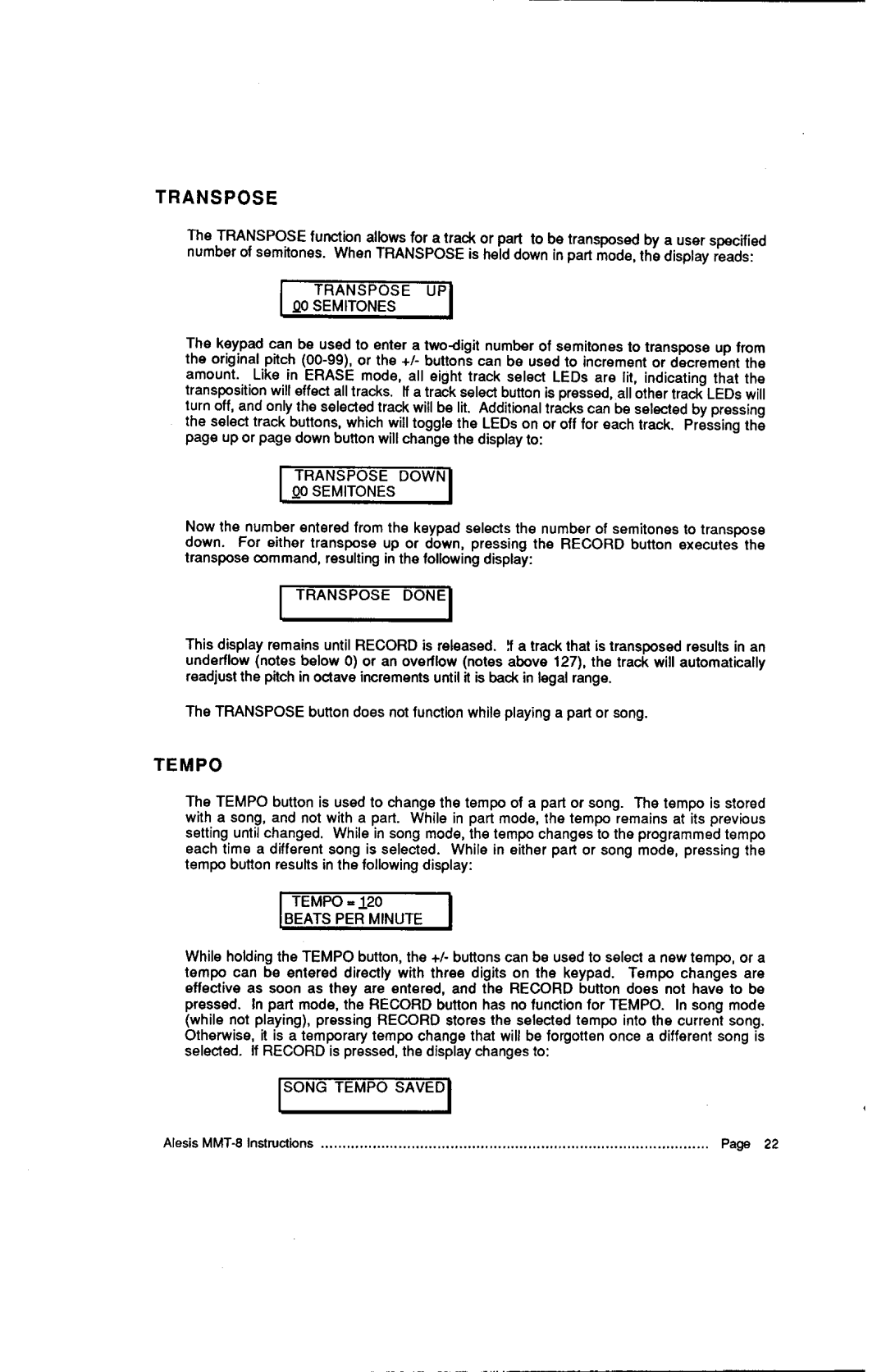 Alesis MMT-8, HR-16:B instruction manual A N S P O S E, M P O, Semitones, Minute 