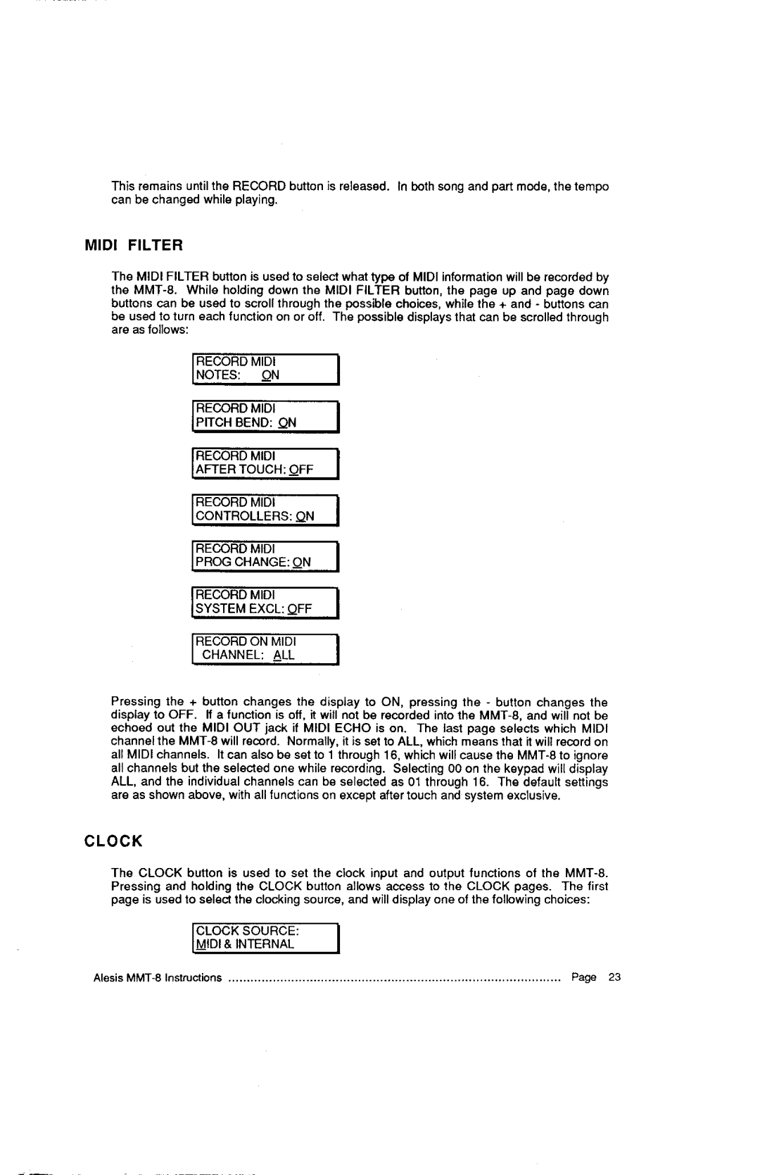 Alesis MMT-8, HR-16:B instruction manual O C K, MID Filter, Bend Touch Trollers Change Ystemexclqff, Internal 