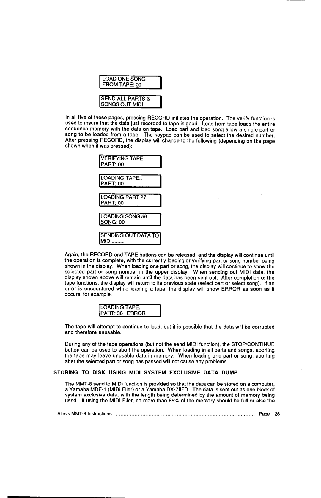 Alesis MMT-8, HR-16:B instruction manual PART00, Storingto Disk Using Mioi Systemexclusivedata Dump 