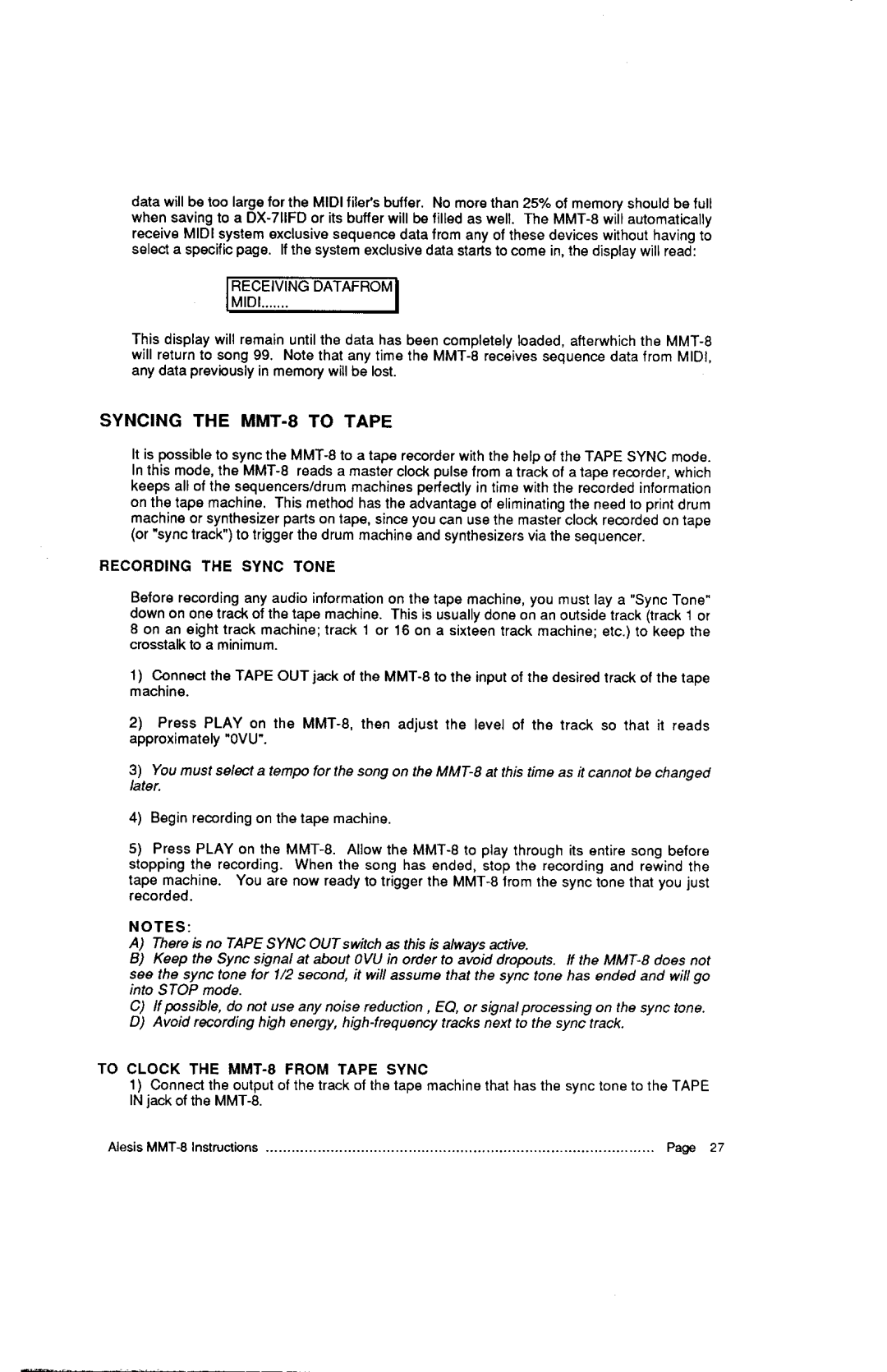 Alesis HR-16:B, MMT-8 instruction manual Syncing the MMT.8 to Tape, Recohding the Sync Tone 