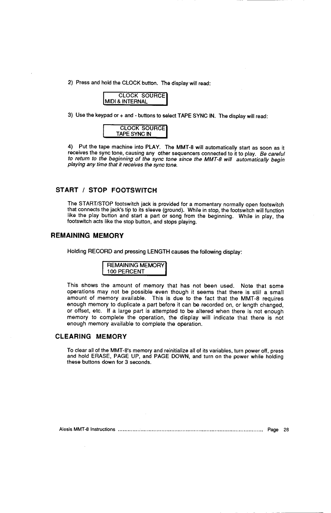 Alesis MMT-8, HR-16:B instruction manual Start / Stop Footswitch, Remainingmemory 1 0, E a R I N G M E M O R Y 