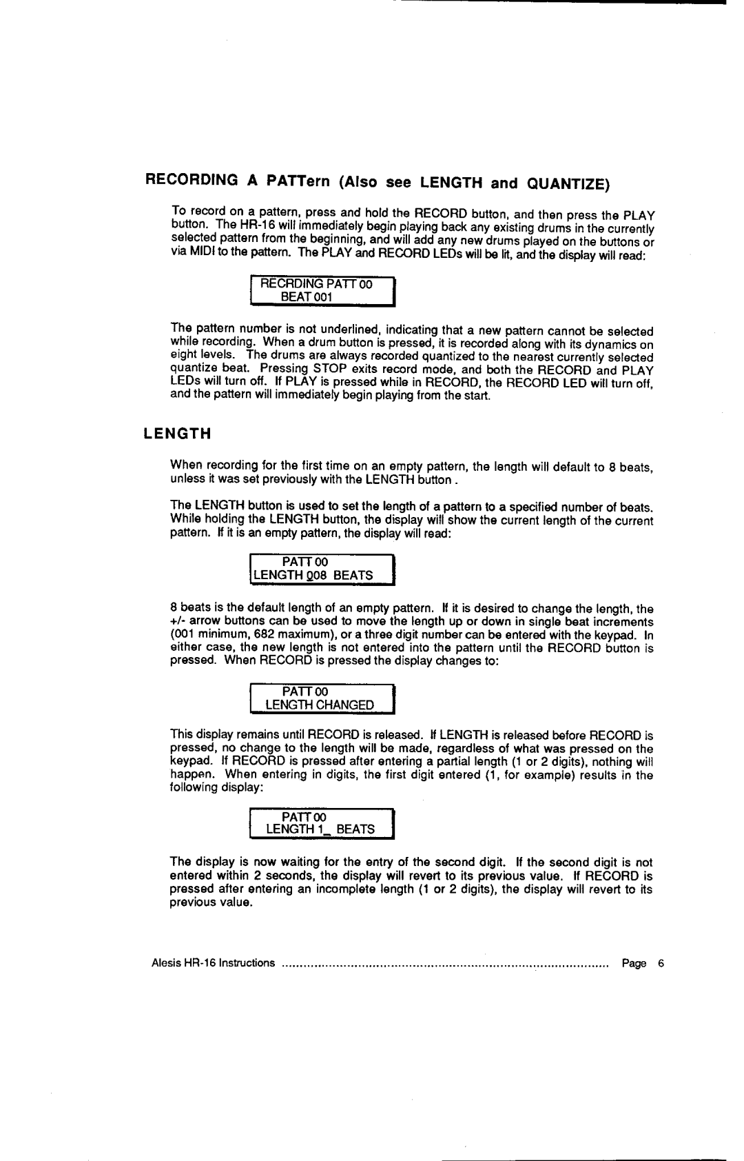 Alesis MMT-8, HR-16:B instruction manual N G T H, LENGTHOO8BEATS, Pattoo LENGTH1 Beats 