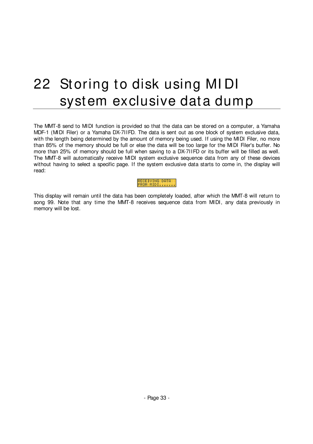 Alesis MMT-8 manual Storing to disk using Midi system exclusive data dump 