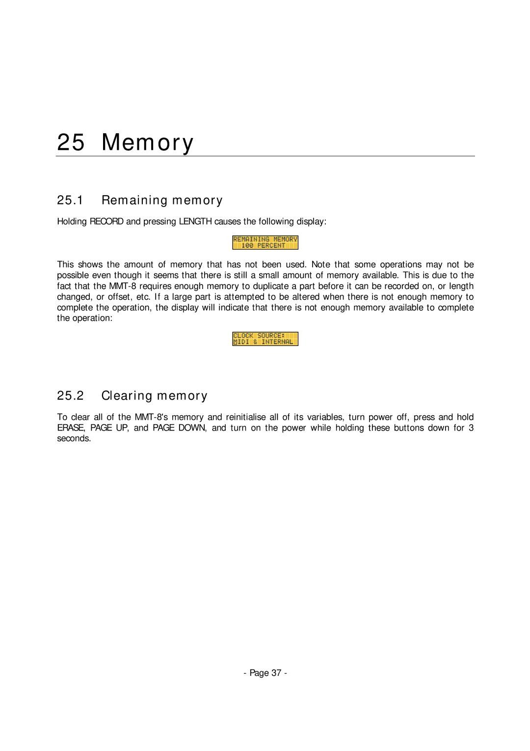 Alesis MMT-8 manual Memory, Remaining memory, Clearing memory 