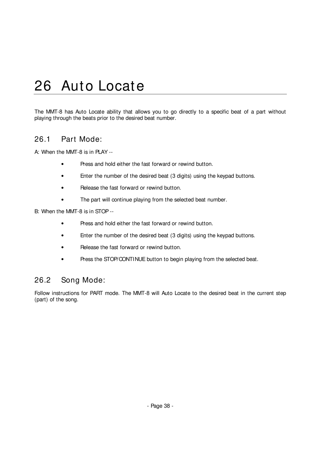 Alesis MMT-8 manual Auto Locate, Part Mode, Song Mode 