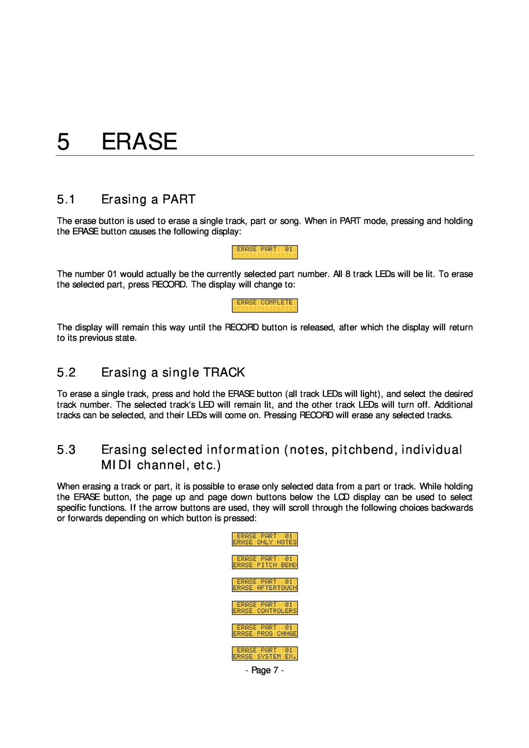 Alesis MMT-8 manual Erase, 5.1Erasing a PART, 5.2Erasing a single TRACK 