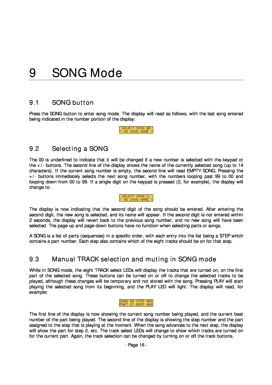 Alesis MMT-8 manual SONG Mode, 9.1SONG button, 9.2Selecting a SONG, 9.3Manual TRACK selection and muting in SONG mode 