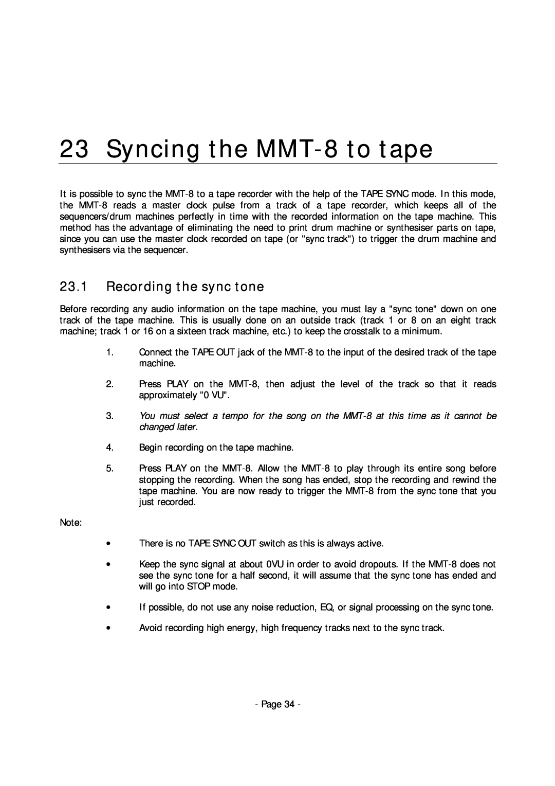 Alesis manual Syncing the MMT-8to tape, 23.1Recording the sync tone 